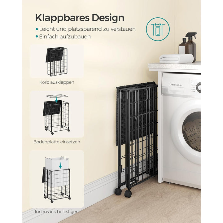 Szennyeskosár, 90 l, összecsukható szennyeskosár kerekekkel, fekete-fehér-VASBÚTOR