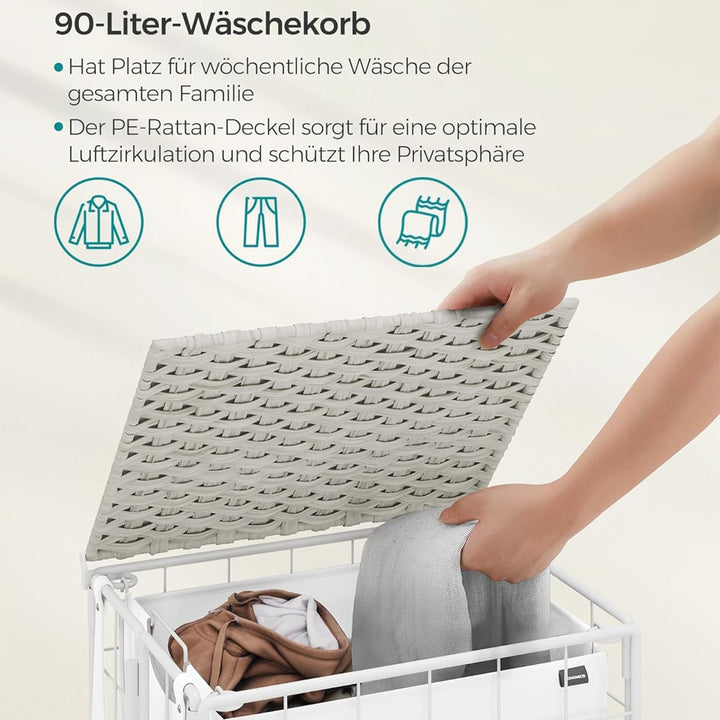 Szennyeskosár, 90 l, összecsukható szennyeskosár kerekekkel, felhőfehér-VASBÚTOR