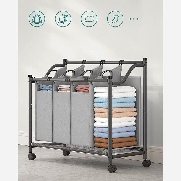 Szennyeskosár görgőkkel 4 x 35L, 4 kivehető táskával, szürke-VASBÚTOR