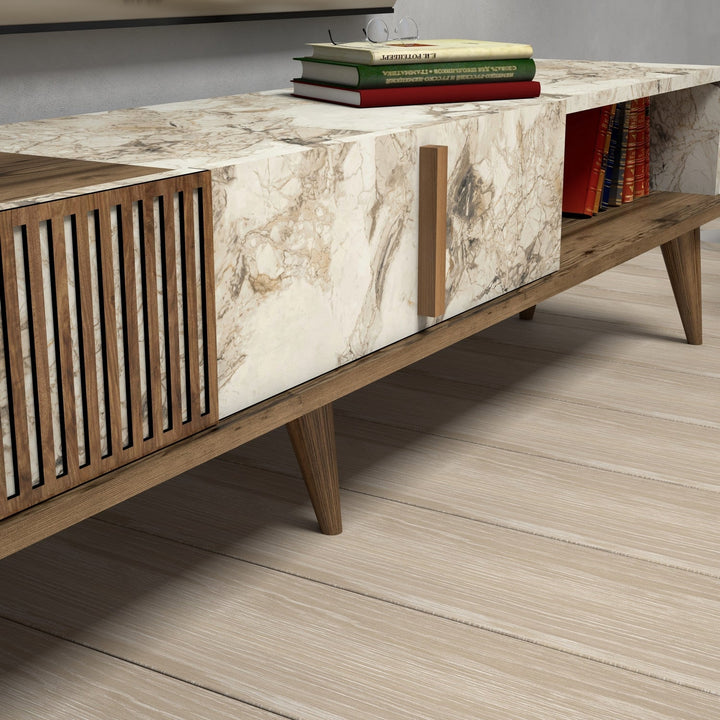 TV szekrény Milan - Diós, Fehér Marble-VASBÚTOR