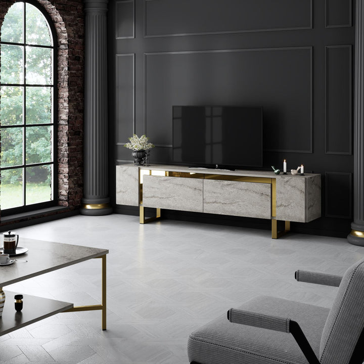 TV szekrény Yildiz - Travertine, Gold-VASBÚTOR