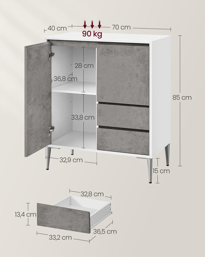 Tárolószekrény 2 fiókkal, 2 rekeszes ajtókkal és állítható magasságú polcokkal, modern, 40 x 70 x 85 cm, betonszürke-VASBÚTOR