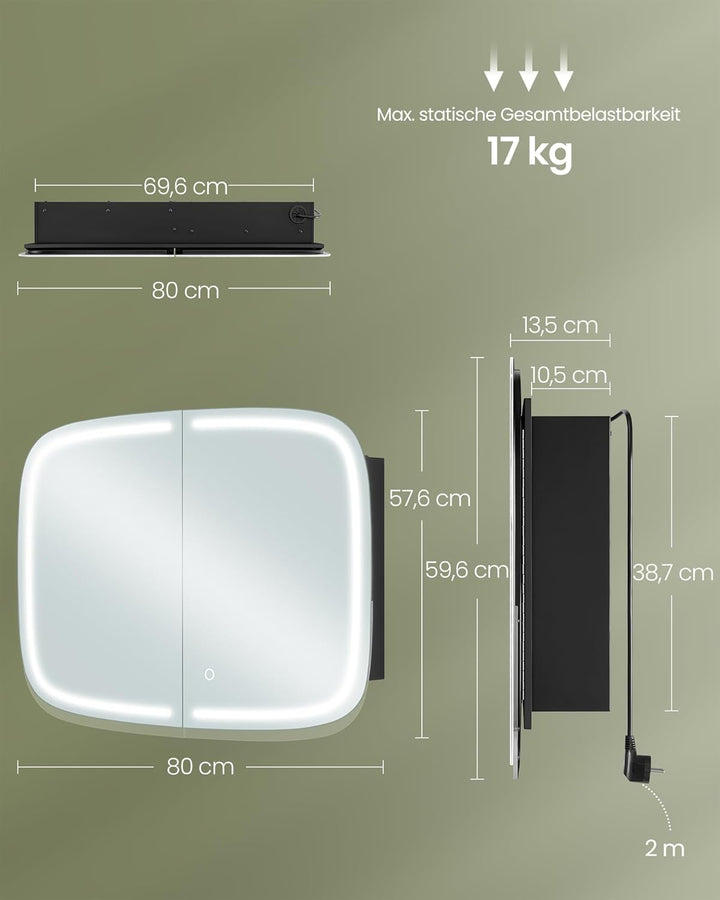Tükörszekrény világítással, Fali szekrény, AC csatlakozóval és 2 USB porttal, fekete-VASBÚTOR