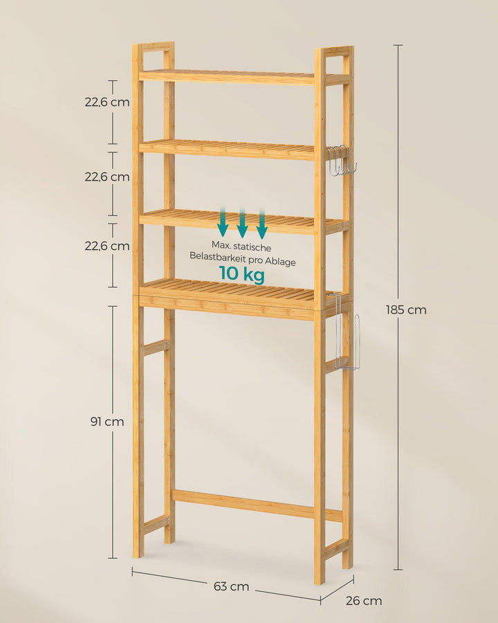 WC feletti tároló, 4 szintes, helytakarékos, egyszerű összeszerelés, natur-VASBÚTOR