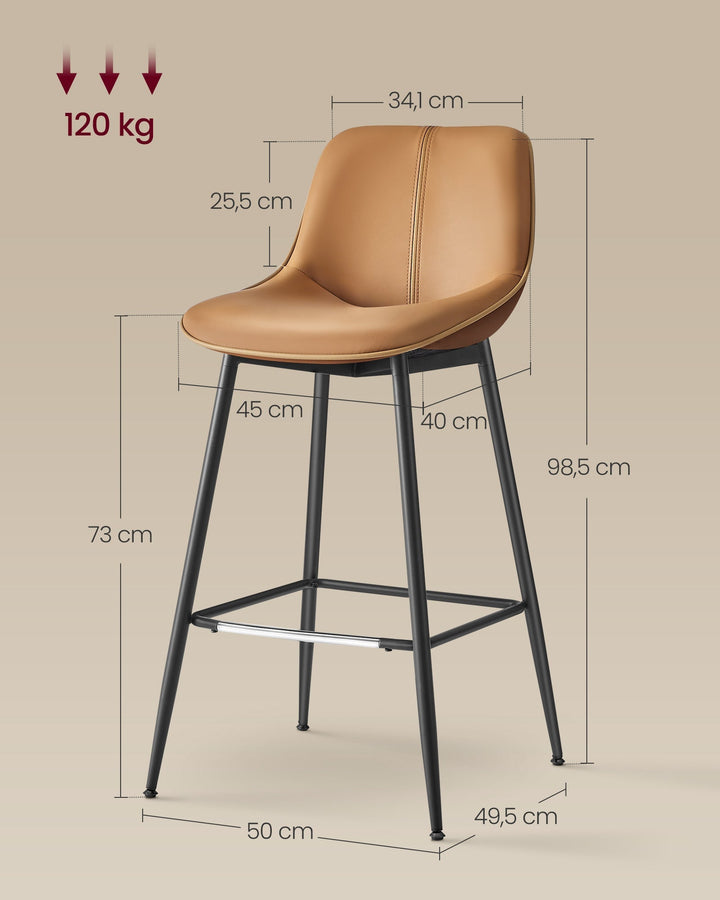 Bárszékek 2 db-os szett, ergonomikus háttámlával, műbőr kárpitozással, 73 cm magas, karamellbarna-VASBÚTOR