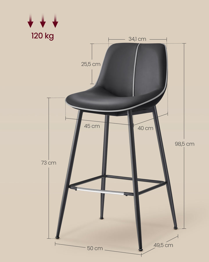bárszékek 2 db-os szett, ergonomikus háttámlával, műbőr kárpitozással, 73 cm magas, tintafekete-VASBÚTOR