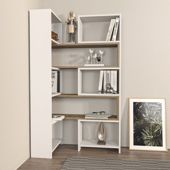 könyvespolc Poyraz - White, Walnut-VASBÚTOR